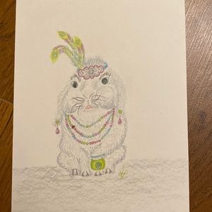 Unframed Original Art Flapper Bunny in Pencil Crayon by Alberta Artist